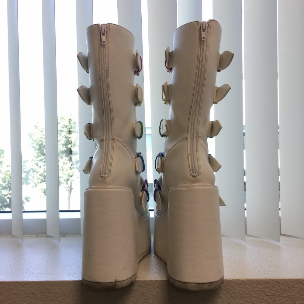 YRU White Platform Boots with Rainbow Buckles - Picture 3 of 6